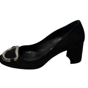 $690 Prada black suede pumps silver buckle size 5/35